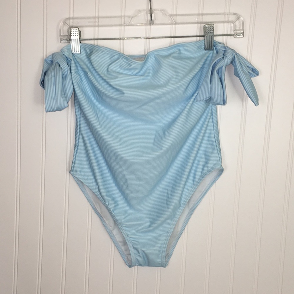 Blue and white striped one piece swimsuit. Medium